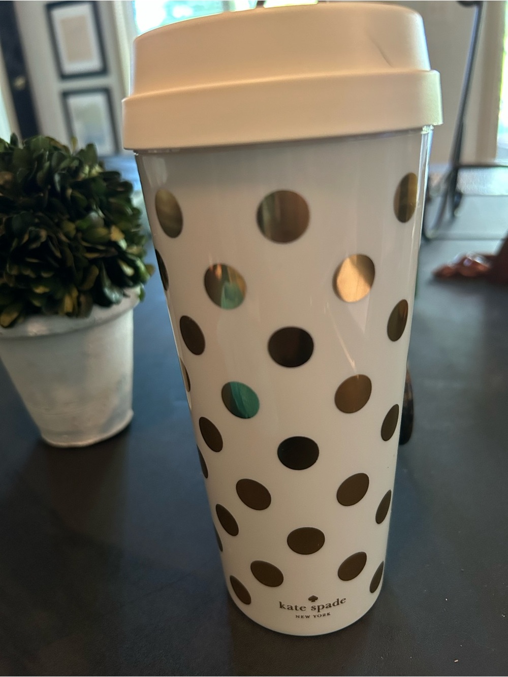 Kate Spade White and Gold Polka Dot Travel Mug